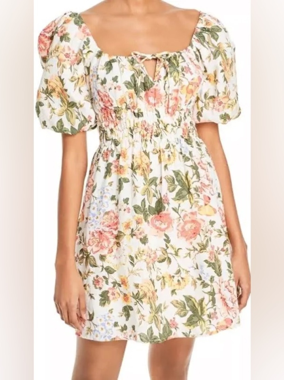 Faithfull The Brand Nikoleta Mini Dress Floral Linen Size Small Puff Sleeve